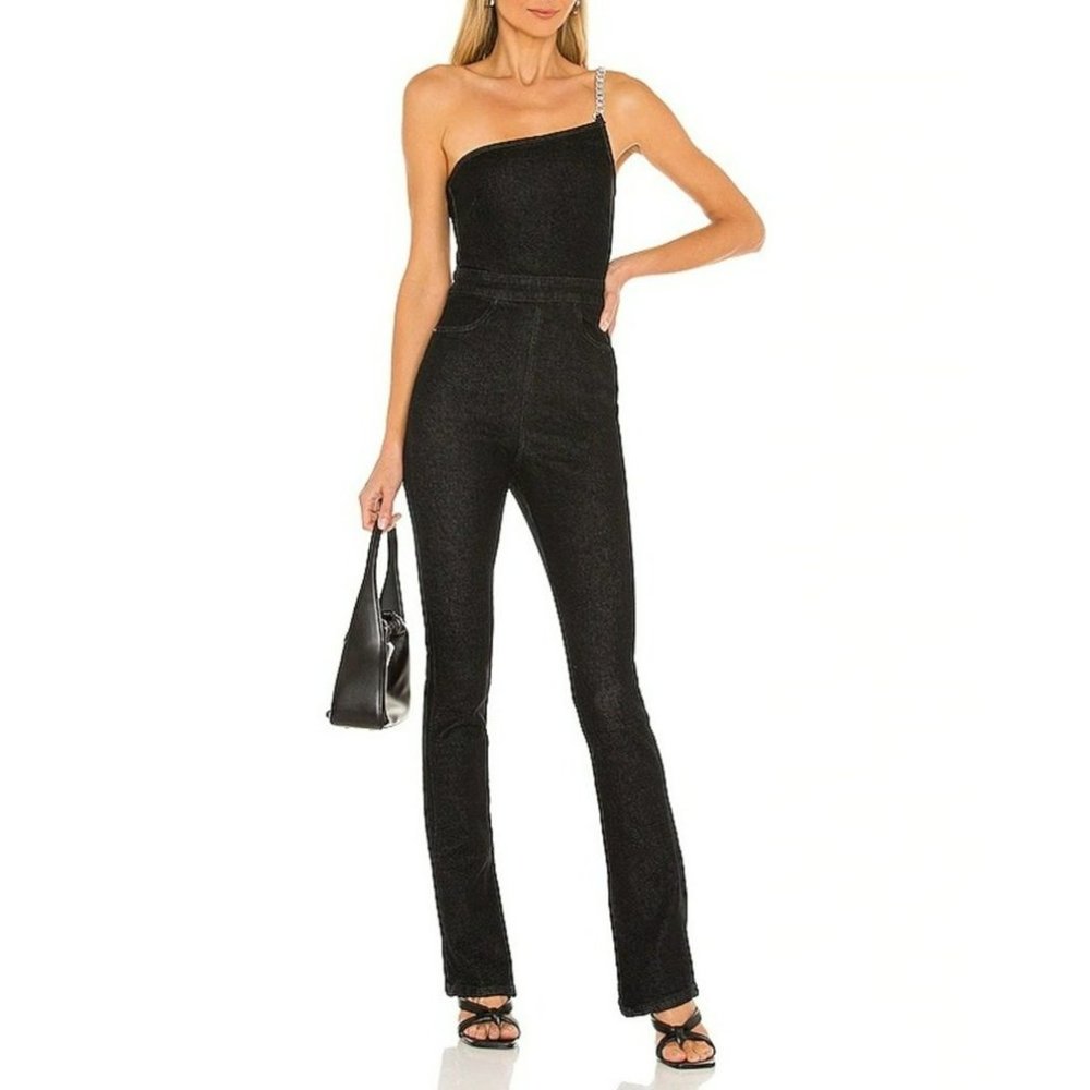 NWT WeWoreWhat | Black One-Shoulder Chain Strap Stretch Denim Jumpsuit 0 XS